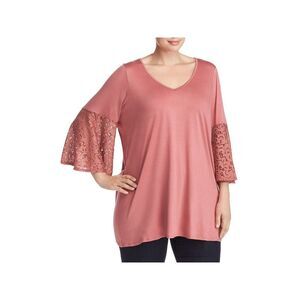 STATUS BY CHENAULT Womens Pink Stretch Lace Bell Sleeve V Neck Top Plus 2X